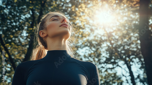 Close-up of a radiant young woman in workout clothes basking in sunlight, standing in a park with her eyes closed and face raised. Detailed 4K shot capturing her blissful experience of yoga or running