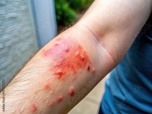 A close-up of a person's arm with red, irritated skin and scratched patches, conveying a sense of discomfort and intense urge to scratch.
