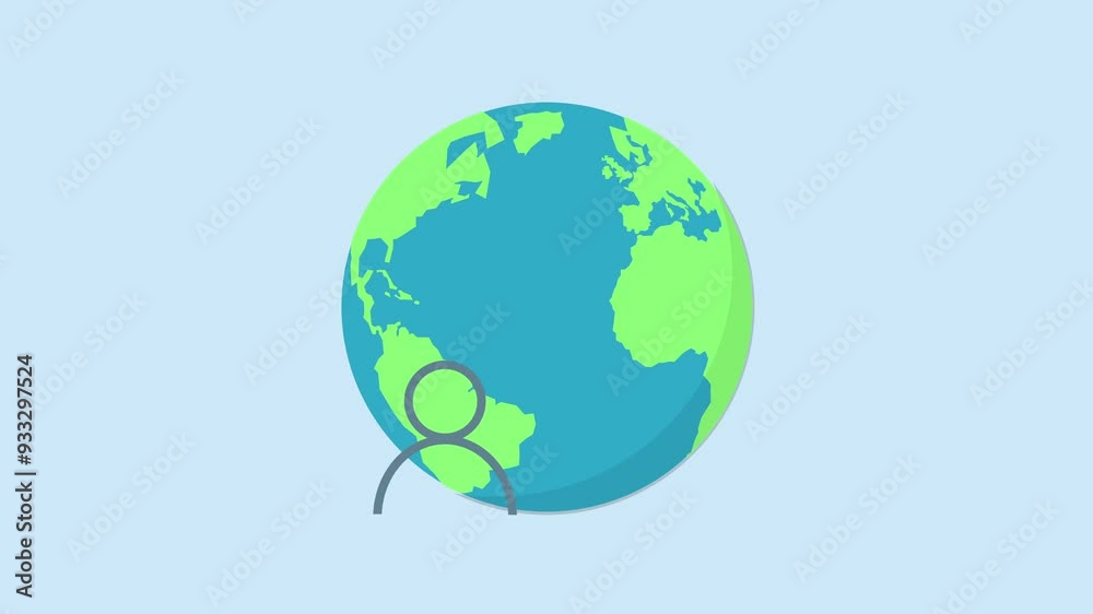 Person icon appearing on screen in front of an illustrated earth. Person living on earth. Person having an impact on the world. Blue background and pink background. Person icon appearing on screen in front of an illustrated earth. Person living on earth. Person having an impact on the world. Blue background and pink background.