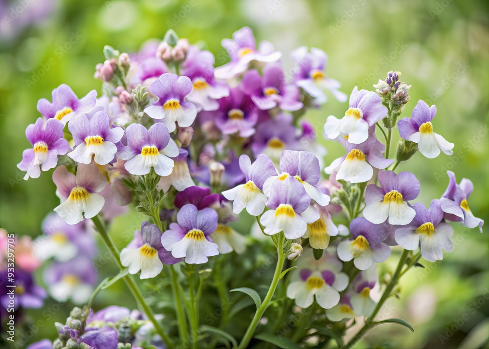 Delicate, pastel-hued Nemesia flowers bloom in a lush, verdant bouquet, surrounded by lush greenery, providing ample copy space for text or design elements. Delicate, pastel-hued Nemesia flowers bloom in a lush, verdant bouquet, surrounded by lush greenery, providing ample copy space for text or design elements.