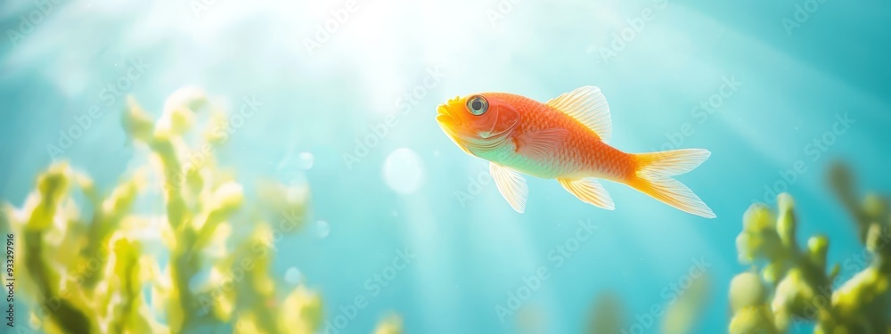 A goldfish swims before an aquarium backdrop of seaweed in the foreground and a vibrant blue sky in the background A goldfish swims before an aquarium backdrop of seaweed in the foreground and a vibrant blue sky in the background