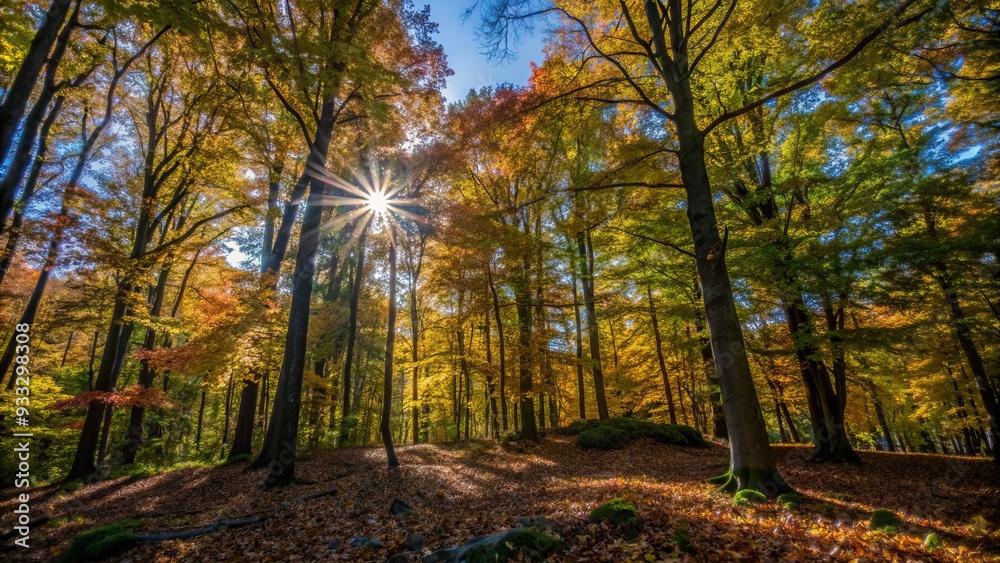 Vibrant autumn forest with a blanket of fallen leaves, towering trees showcase kaleidoscope of colors, as warm sunlight penetrates through the rustling branches. Vibrant autumn forest with a blanket of fallen leaves, towering trees showcase kaleidoscope of colors, as warm sunlight penetrates through the rustling branches.