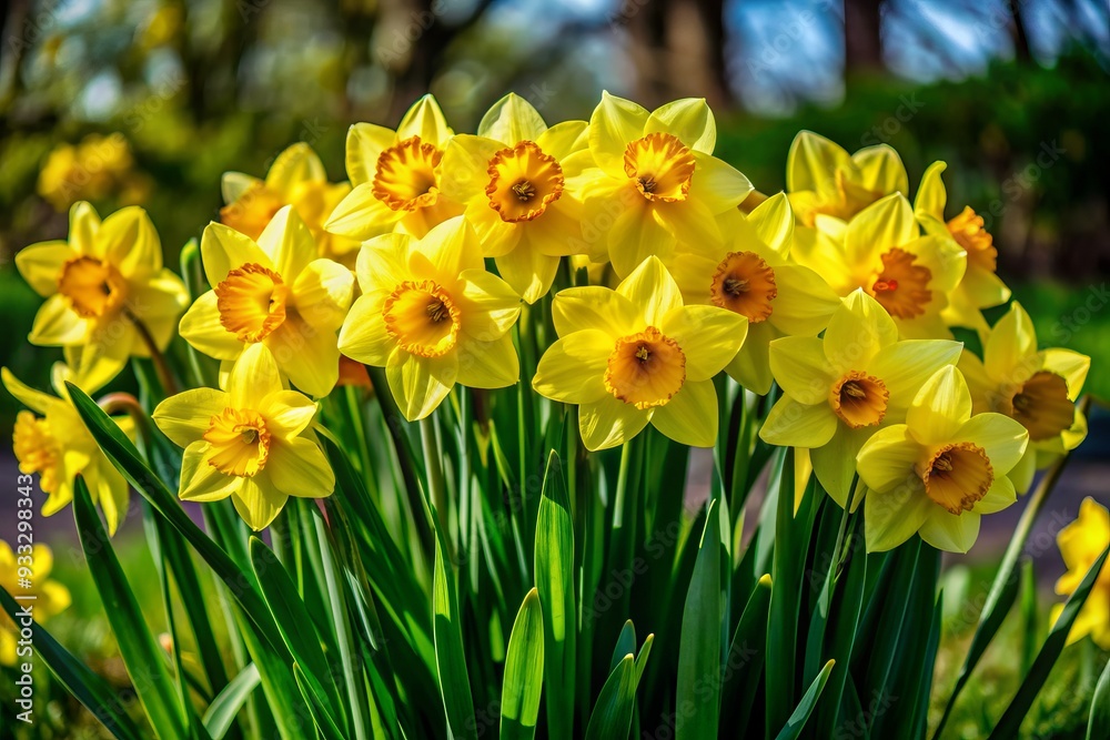 Vibrant yellow daffodils in full bloom, gathered in a lush bunch, sway gently in the breeze against a soft, serene, and slightly blurred natural background. Vibrant yellow daffodils in full bloom, gathered in a lush bunch, sway gently in the breeze against a soft, serene, and slightly blurred natural background.