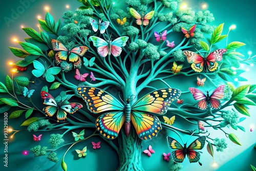Vibrant colorful 3D abstracted fantasy butterfly tree with elegant hanging branches and leaves, ideal as bright wallpaper or mural for interior wall decoration background.
