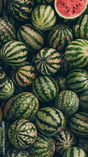 A large assortment of green and white watermelons fills the market display, showcasing their unique patterns under the bright afternoon light photo