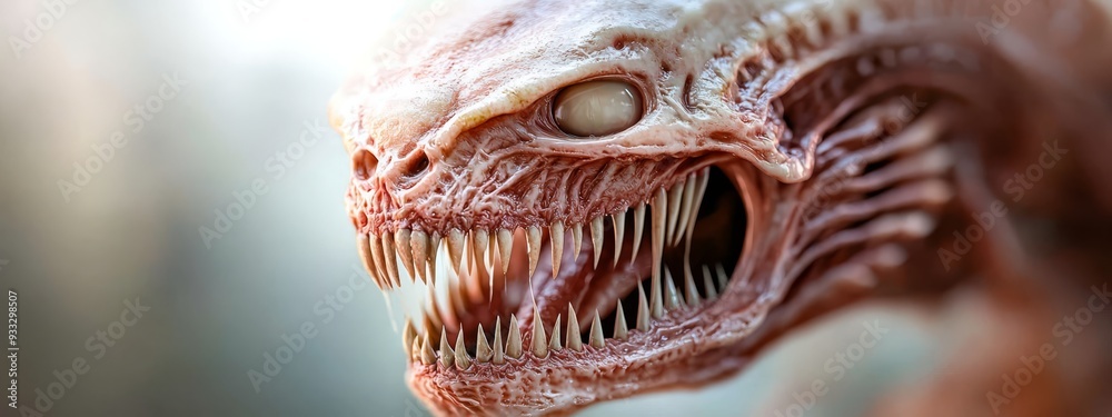 Naklejka premium A tight shot of an alien entity with an unhinged jaw and exposed, sharply pointed teeth