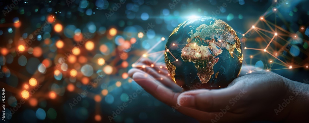 Holographic world map on planet earth in hand, global network icon, glowing lights, tech exchange concept. Holographic world map on planet earth in hand, global network icon, glowing lights, tech exchange concept.