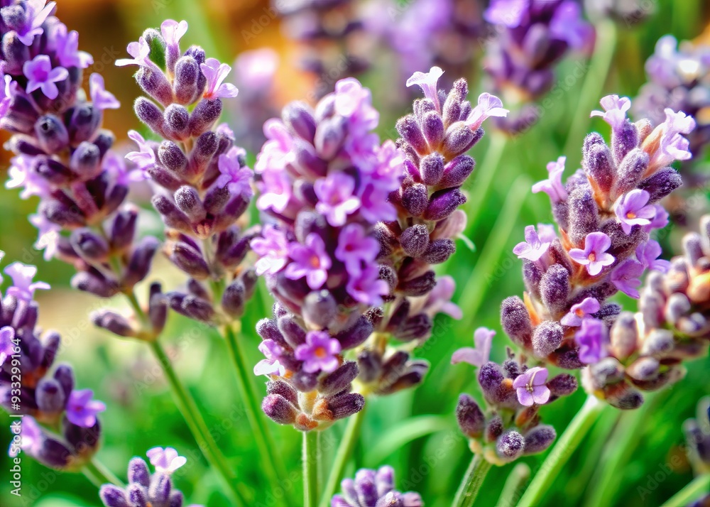 Naklejka premium Delicate purple lavender blossoms clustered together, showcasing soft feathery texture and calming fragrance, isolated on a clean white or transparent background for easy editing.
