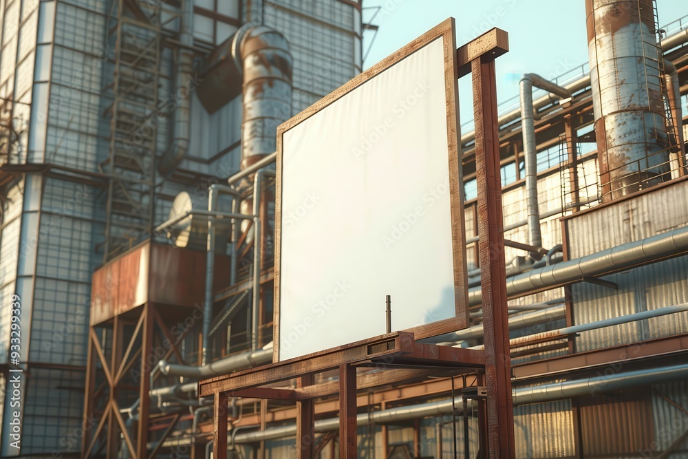 A large white billboard sits in front of a large industrial plant A large white billboard sits in front of a large industrial plant