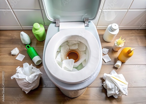 A close-up of a toilet bowl with a small amount of vomit and toilet paper, surrounded by cleaning supplies, conveying a sense of illness and discomfort. photo