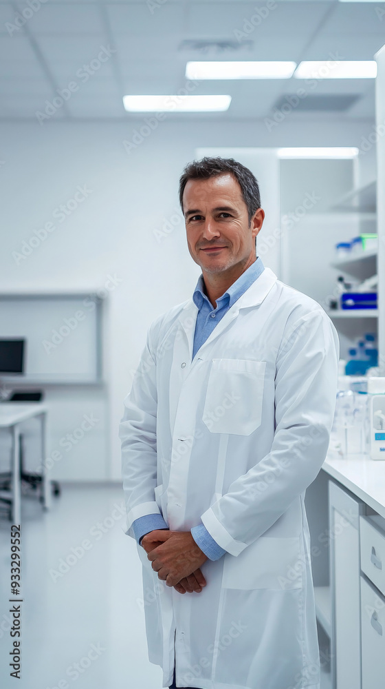A professional portrait of a doctor in a lab coat, standing in a sterile, modern clinic, with medical equipment subtly in view A professional portrait of a doctor in a lab coat, standing in a sterile, modern clinic, with medical equipment subtly in view