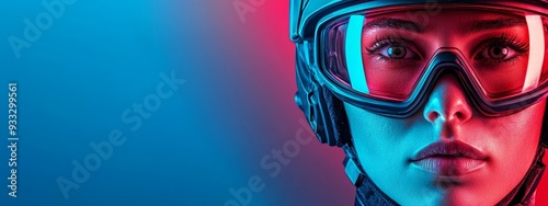 Wallpaper Mural  A tight shot of an individual donning a helmet and goggles against a backdrop of red and blue lights Torontodigital.ca