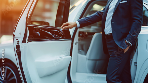 A man dressed in a tailored suit is about to enter a white luxury car, parked on an urban street during a sunny day, conveying a sense of professionalism and style.