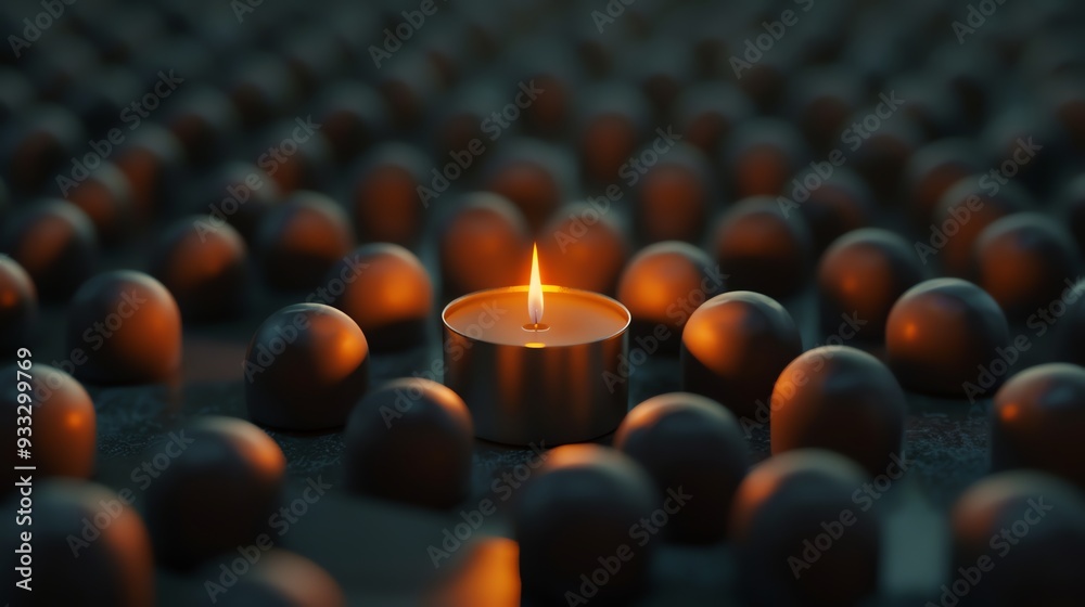 Fototapeta premium A single lit candle surrounded by unlit candles.