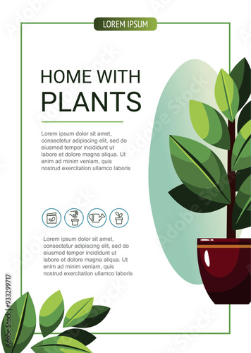 Plants in flowerpots and watering can. Greenhouse, flower shop. Card template with text.