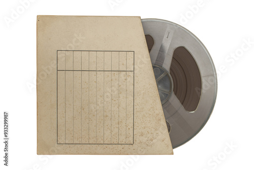 Valokuva Old magnetic audio reel in the cardboard box isolated
