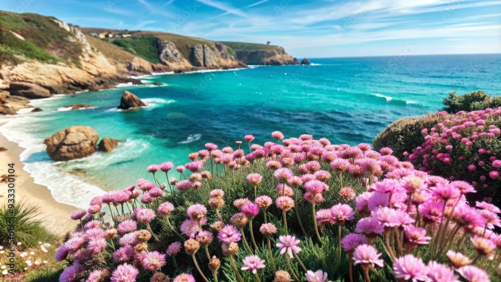 Vibrant pink sea thrift flowers bloom amidst verdant greenery on rugged coastal cliffs overlooking serene turquoise waters and vast expansive blue skies.