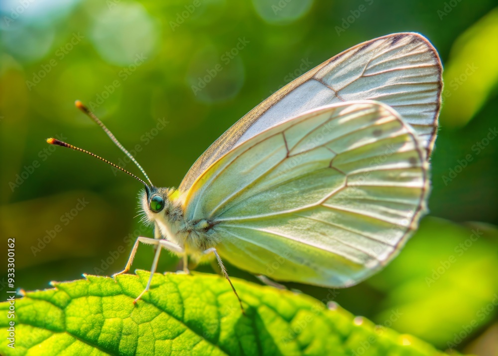 Delicate white butterfly with intricate wing patterns perches serenely on a fresh green leaf, its slender legs grasping gently, basking in warm sunlight. Delicate white butterfly with intricate wing patterns perches serenely on a fresh green leaf, its slender legs grasping gently, basking in warm sunlight.