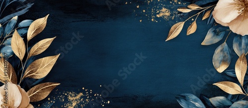 Navy blue floral wedding invitation card design featuring golden leaves and a watercolor border