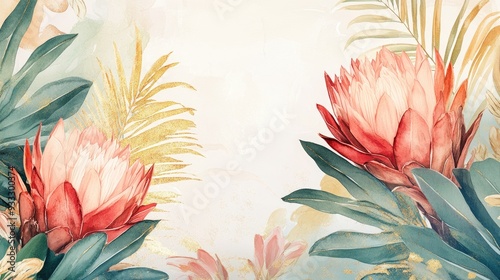 Floral proteas and palm leaves border Watercolor and gold graphic artwork on a light background