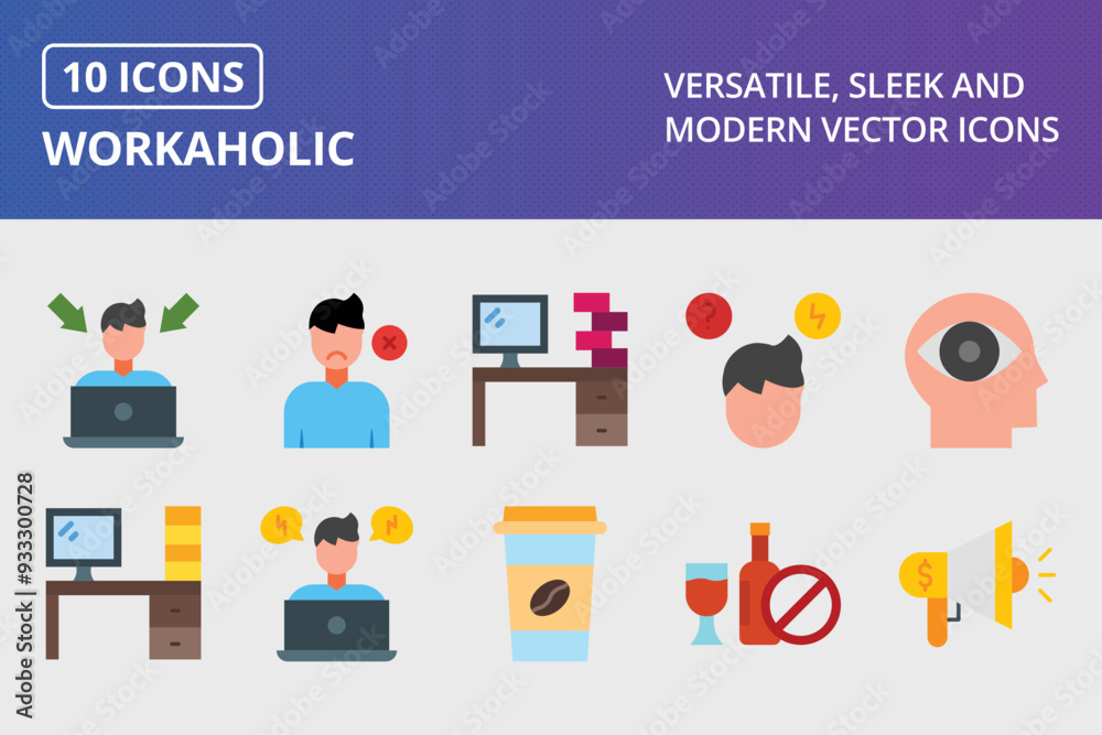 Workaholic Flat Icon Set Workaholic Flat Icon Set