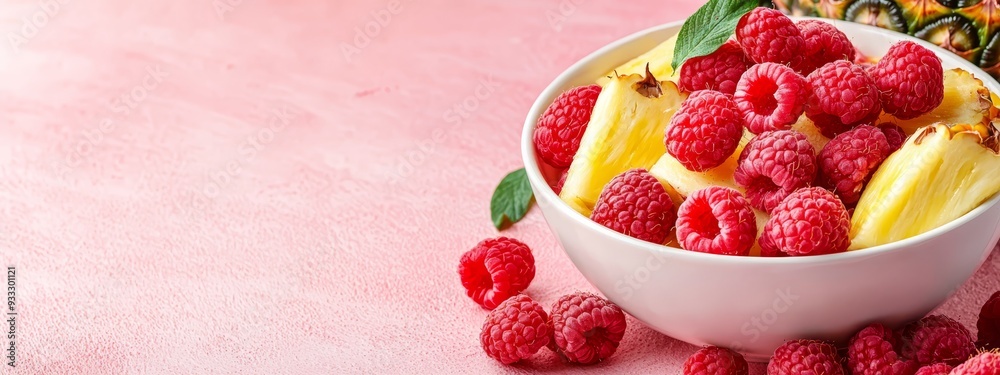 raspberries nestled among, a pineapple positioned to the side raspberries nestled among, a pineapple positioned to the side