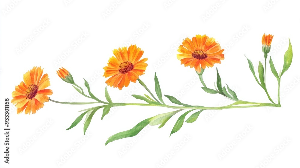 Fototapeta premium Illustration of an orange calendula officinalis branch with marigold flowers and leaves created in hand drawn watercolor on a white background