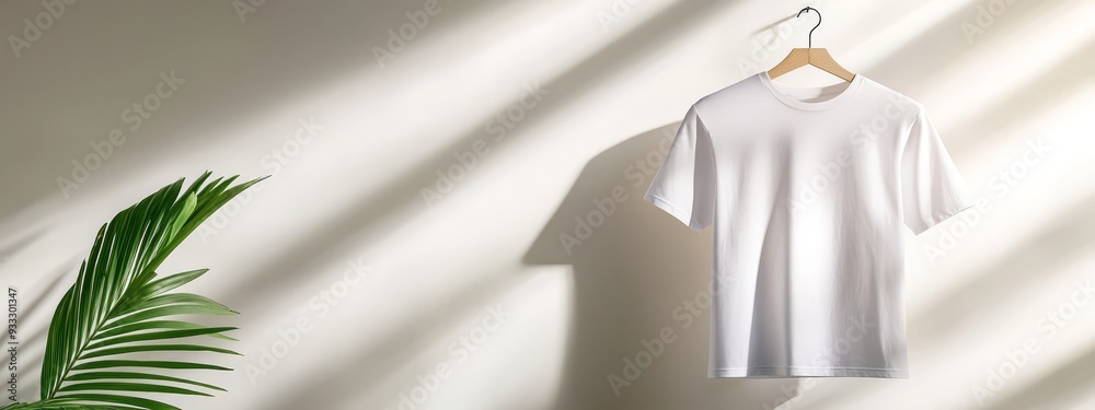 A white T-shirt, hung on a wooden hanger, sits beside a potted plant against a white wall A white T-shirt, hung on a wooden hanger, sits beside a potted plant against a white wall