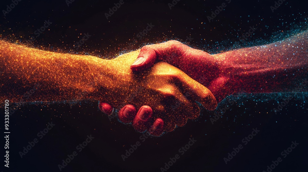 Hands come together in a vibrant handshake, symbolizing connection and agreement amidst a backdrop of colorful particles. Hands come together in a vibrant handshake, symbolizing connection and agreement amidst a backdrop of colorful particles.