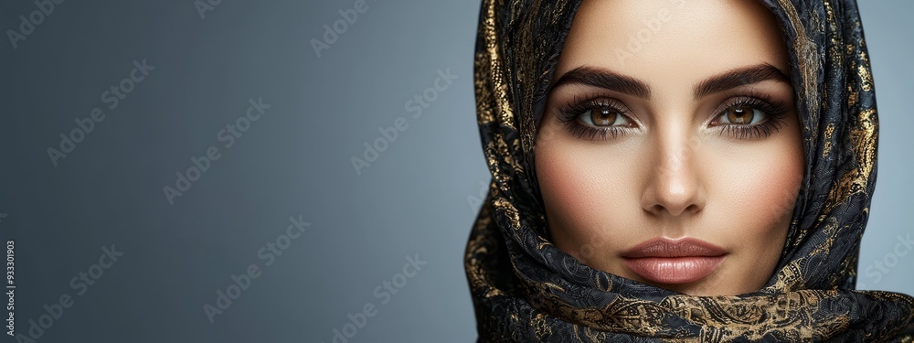 A woman closely wearing a headscarf, one covering her head, the other around her neck A woman closely wearing a headscarf, one covering her head, the other around her neck
