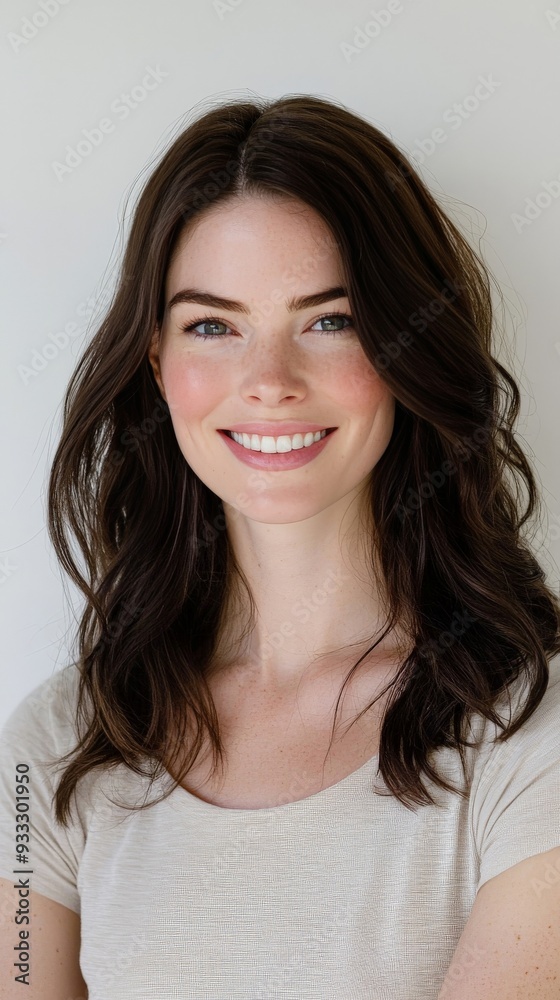 A professional headshot of a smiling woman with a crisp white background, her eyes exuding confidence and warmth A professional headshot of a smiling woman with a crisp white background, her eyes exuding confidence and warmth