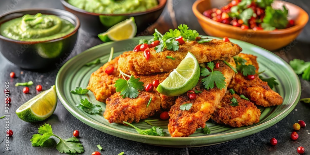 Spicy chicken strips paired with a cool avocado crema and a sprinkle of cilantro, evoking a refreshing Mexican vibe with vibrant green hues. Spicy chicken strips paired with a cool avocado crema and a sprinkle of cilantro, evoking a refreshing Mexican vibe with vibrant green hues.