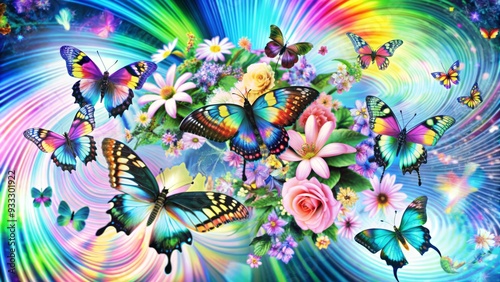 Vibrant abstract multi-colored butterflies and blooming flowers swirling together in a mesmerizing dance, creating a stunning background design that celebrates the beauty of nature. photo