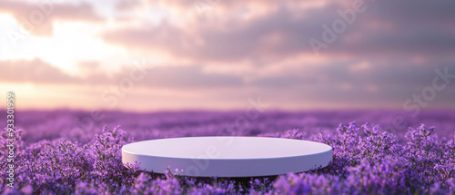 Product display stand in the middle of a field of bright purple lavender flowers. Ai generate.