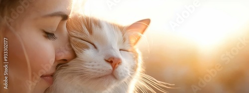  A tight shot of a person pressing their lips to a white-orange cat's cheek photo