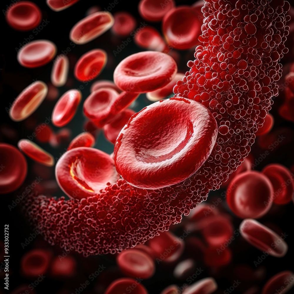 Fototapeta premium Microscopic view of red blood cells in bloodstream A highly detailed, microscopic view of red blood cells flowing through a bloodstream, highlighting the intricacies of human biology and medical 
