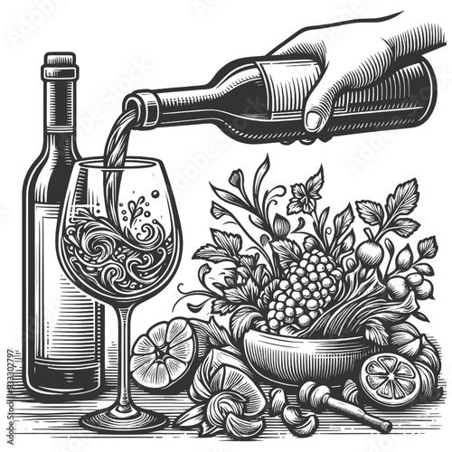 wine being poured into a glass, surrounded by fruits and herbs, symbolizing elegance and culinary art sketch engraving generative ai vector illustration. Scratch board imitation. Black and white image