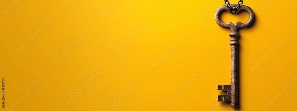 An old key, suspended from a chain, against a sunny yellow wall bears a heart-shaped hollow An old key, suspended from a chain, against a sunny yellow wall bears a heart-shaped hollow