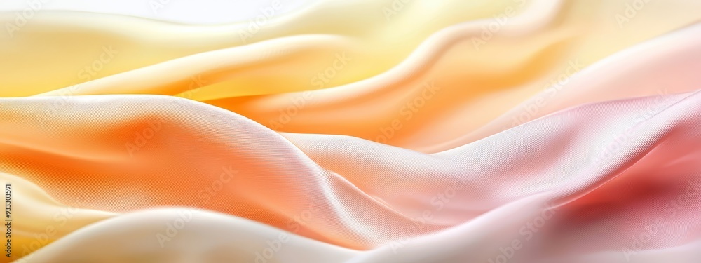 Fototapeta premium Close-up of white, yellow, pink, and orange fabric on a white backdrop, resembling silk ..Or, for a more concise