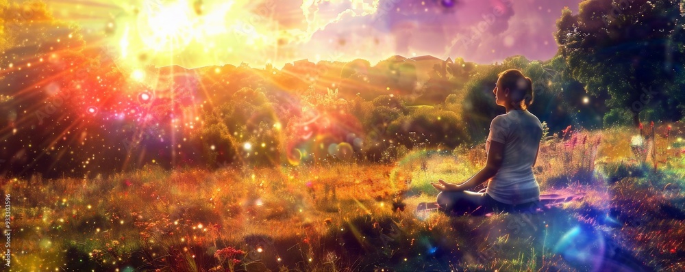 Meditating people. young woman in yoga lotus posture on abstract rainbow nature landscape background, meditation practice concept. abstract illustration for banner, poster. Copy space
Meditating people. young woman in yoga lotus posture on abstract rainbow nature landscape background, meditation practice concept. abstract illustration for banner, poster. Copy space