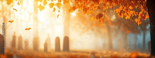 A gentle, foggy morning in a graveyard with soft sunlight breaking through, revealing subtle Halloween decorations