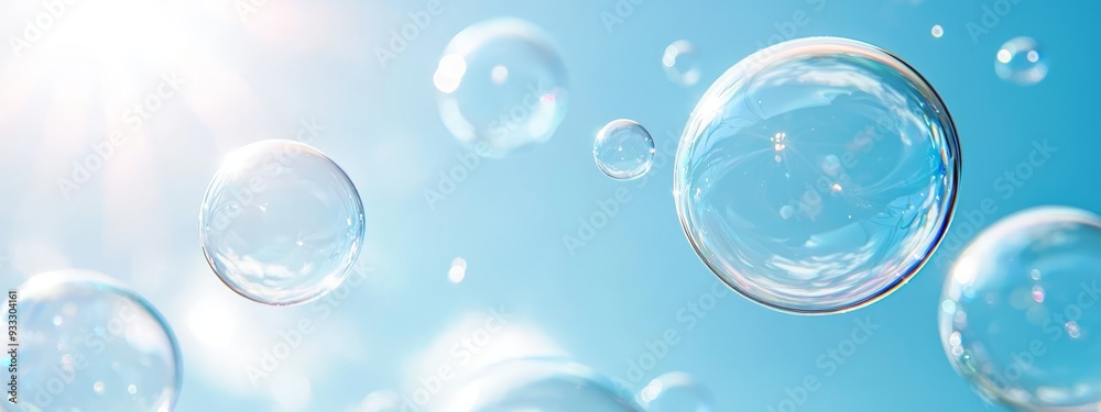 A collection of soap bubbles drifting in the air, sun illuminating them from the left side A collection of soap bubbles drifting in the air, sun illuminating them from the left side