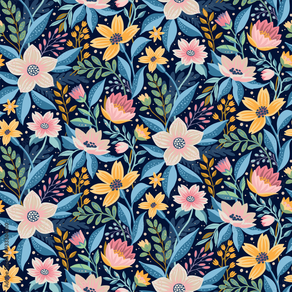 A Half Drop Floral Seamless Pattern with Yellow, White, Pink Flowers and Blue and Green Leaves on Dark Blue. Wallpaper Design for Textiles, Fabrics, Papers, Fashion Prints, Beauty Products, Wrappings. A Half Drop Floral Seamless Pattern with Yellow, White, Pink Flowers and Blue and Green Leaves on Dark Blue. Wallpaper Design for Textiles, Fabrics, Papers, Fashion Prints, Beauty Products, Wrappings.