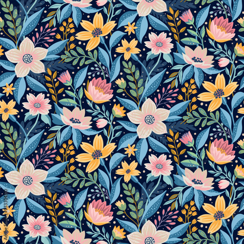 A Half Drop Floral Seamless Pattern with Yellow, White, Pink Flowers and Blue and Green Leaves on Dark Blue. Wallpaper Design for Textiles, Fabrics, Papers, Fashion Prints, Beauty Products, Wrappings.