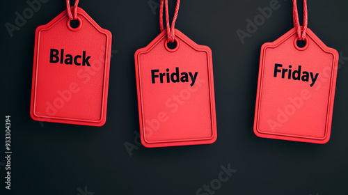 Red Black Friday Sale Tags Hanging on Black Background - Perfect for Marketing and Promotions