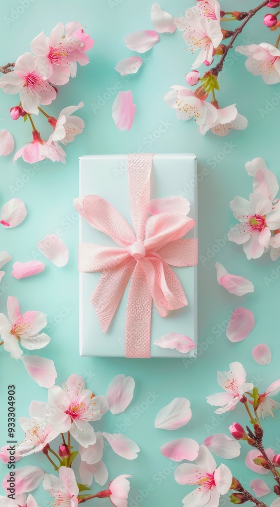 Blue gift box with pink ribbon and bow and delicate sakura flowers on pastel blue background, top view. Blue gift box with pink ribbon and bow and delicate sakura flowers on pastel blue background, top view.