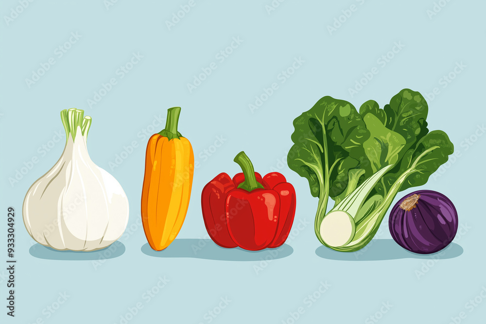 cartoon comic styled version of lots of fresh vegetables as a healthy nutrition concept for children in school
