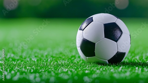 A soccer ball is sitting on a green field. The ball is white and black