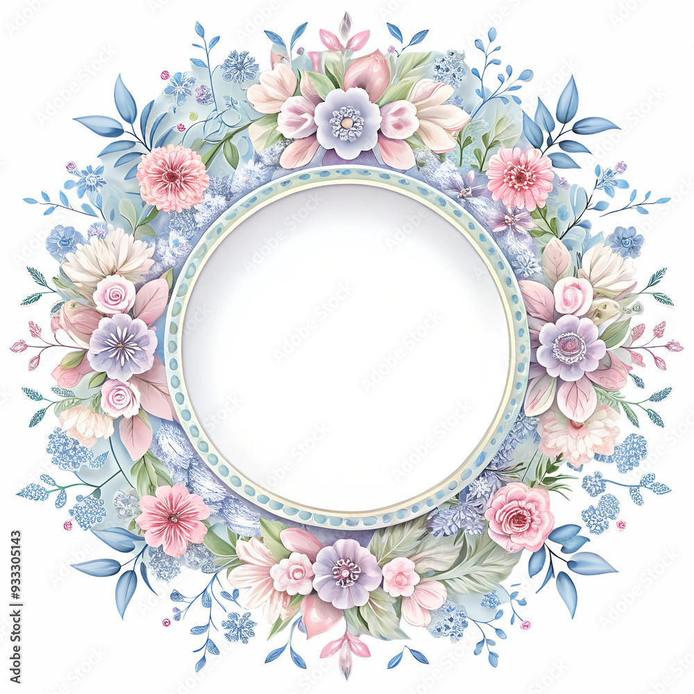 round picture frame adorned with a minimalist, Powder Blue, lilac and baby pink colors floral border design round picture frame adorned with a minimalist, Powder Blue, lilac and baby pink colors floral border design
