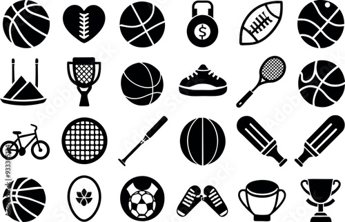 Sports related items such as Soccer ball, basketball, tennis racket, baseball, football, golf & many more editable stroke outline icons isolated on white background flat vector illustrati